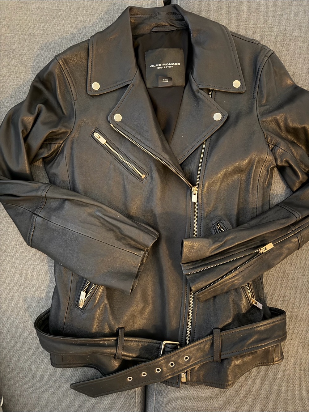 Club Monaco Black Leather Biker Jacket with Silver Hardware